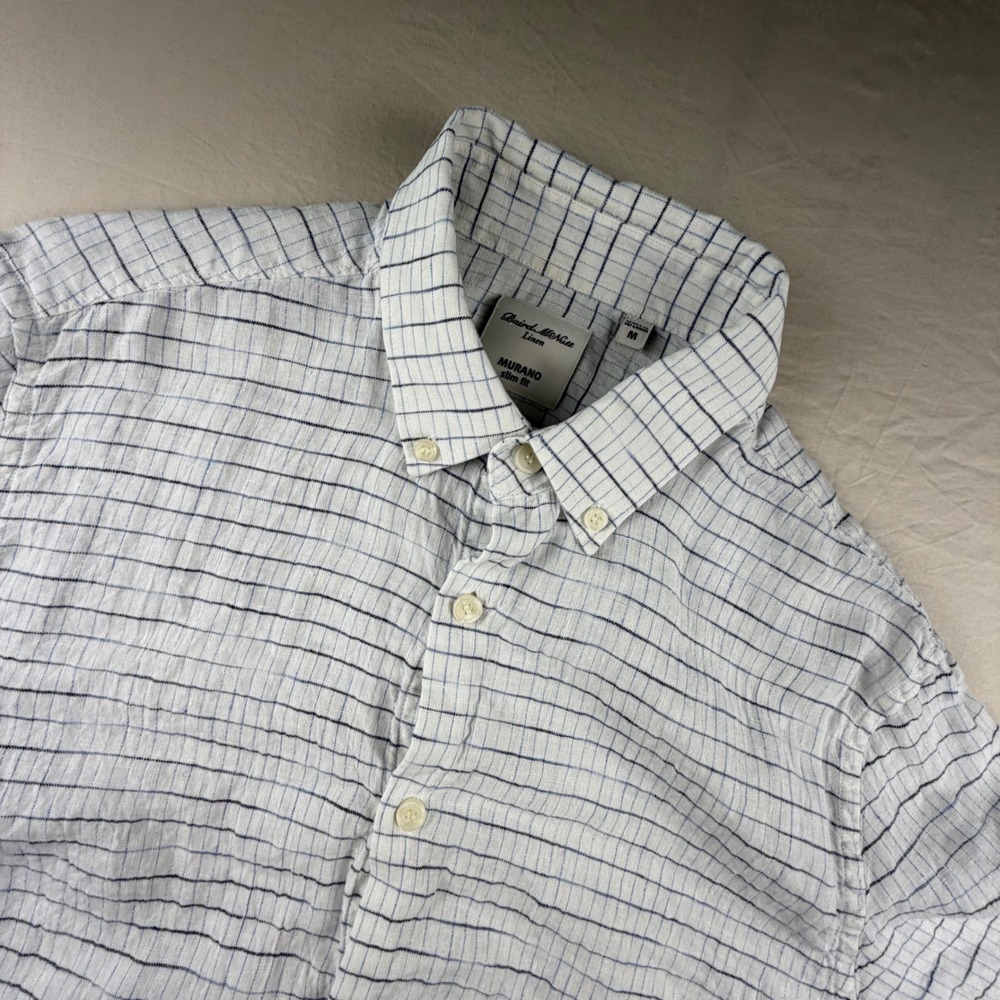 Murano‎ Baird McNutt 100% Linen Shirt Slim Fit Mens Medium White Blue Windowpane